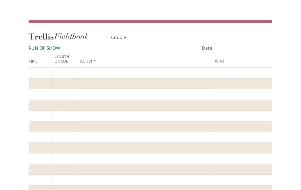 The top of the blank Trellis Fieldbook run of show template: a line for the couple and the date, then columns for time, length or cue, activity, and who, with a shaded writing row under each line